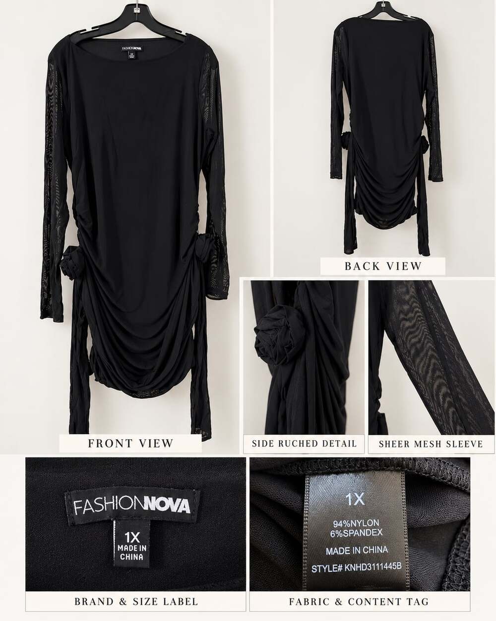 Fashion Nova Ruched Rosette Long Sleeve Mini Dress Black 1X